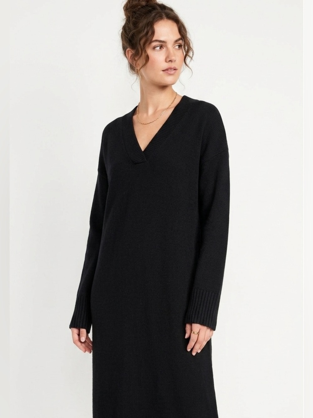 KIT AND ACE Black V-neck Sweater Midi Dress Merino wool Blend Large Minimalist